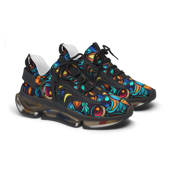 Multicoloured Stained Glass Lady's Mesh Sneakers with black sole, side view.