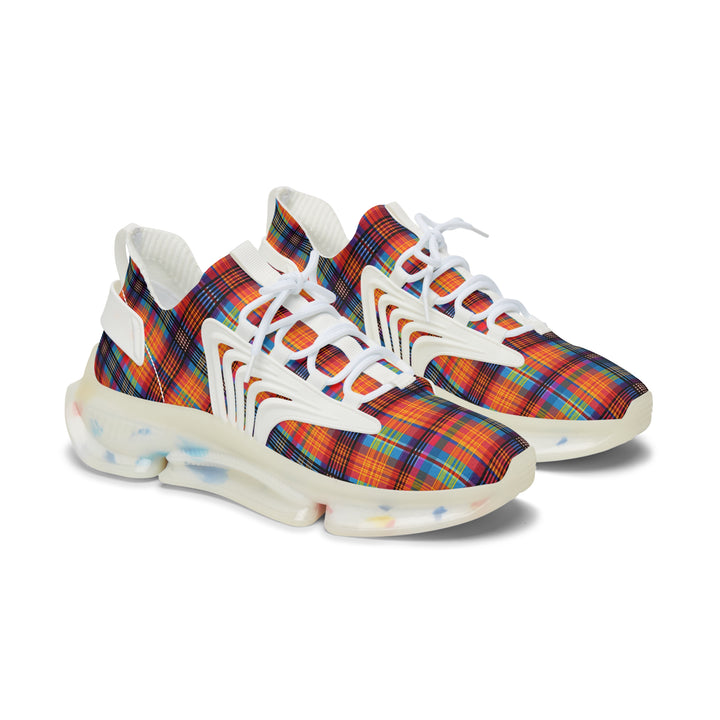 Orange Blue Checkred Female Mesh Sneakers with white sole, side view