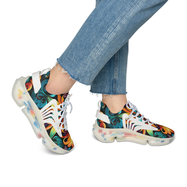 Neon Floral Female Mesh Sneakers with white sole on model, side view