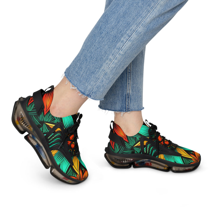 Floral Turquoise Abstraction Mesh Sneakers for Women with black sole on model, side view