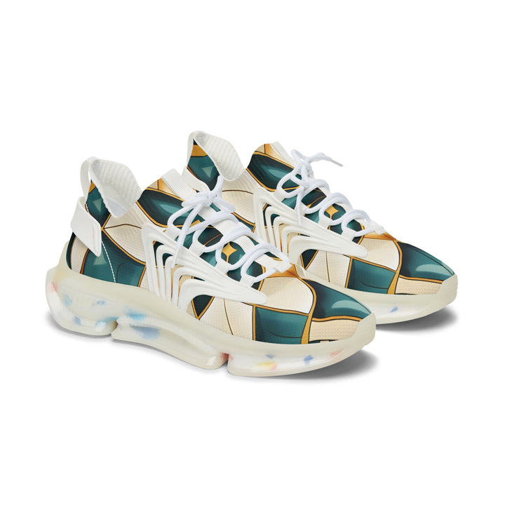 Beige-Emerald Abstracted Female Mesh Sneakers with white sole, side view