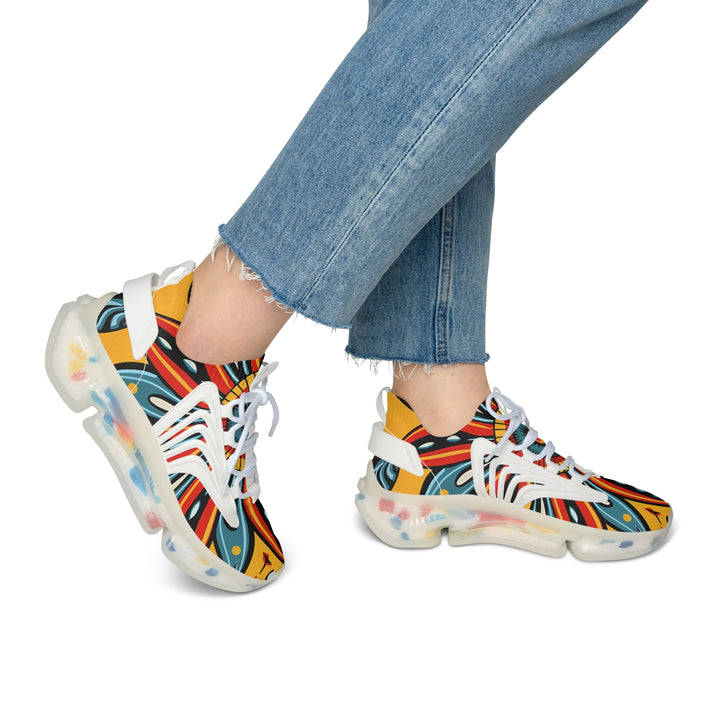 Yellow-Blue & Red Floral Abstraction Female Mesh Sneakers with white sole on model, side view