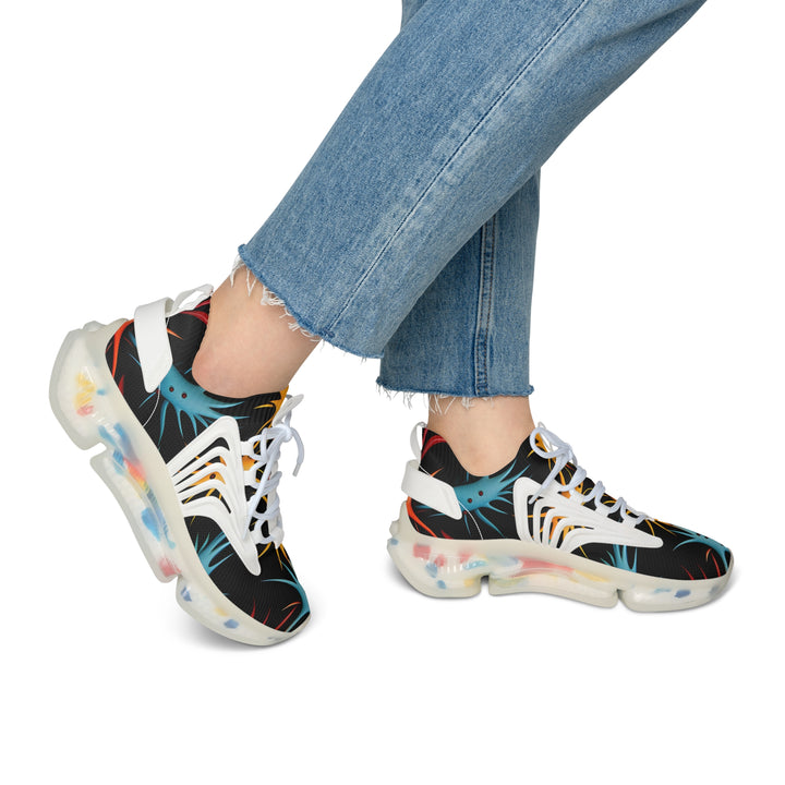 Black-Yellow & Blue Abstraction Female Mesh Sneakers with white sole on model, side view