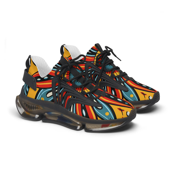 Yellow-Blue & Red Floral Abstraction Female Mesh Sneakers with black sole, side view