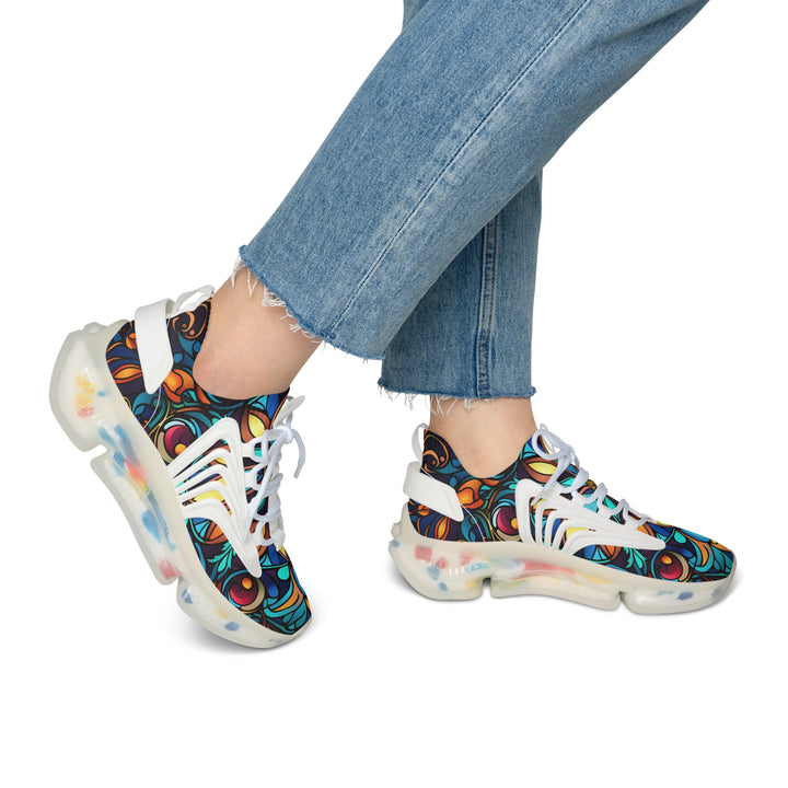 Multicoloured Stained Glass Lady's Mesh Sneakers with white sole on model, side view.