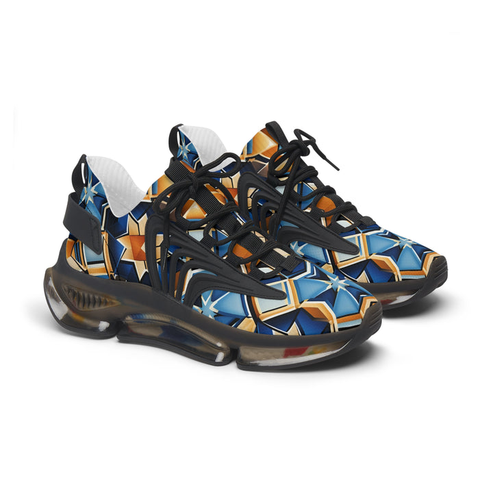 Golden&Blue Geometry Female Mesh Sneakers with black sole, side view