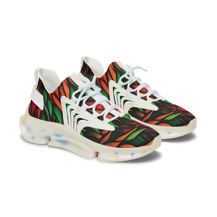 Red-Orange & Green Floral Female Mesh Sneakers with white sole, side view