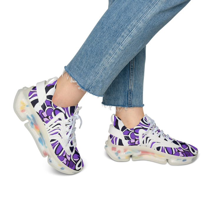 Floral Purple Abstraction Lady's Mesh Sneakers with white sole on model, side view