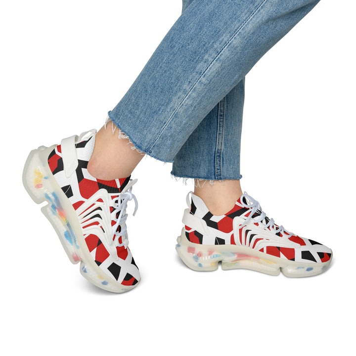 Red-White Abstracted Female Mesh Sneakers with white sole on model, side view