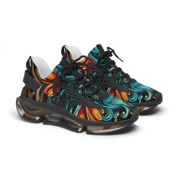 Turquoise-Orange Floral Lady’s Mesh Sneakers with black sole, side view