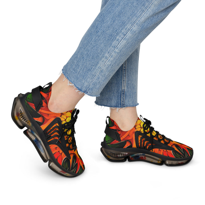 Orange Abstracted Print Mesh Sneakers for Womens with black sole on model, side view