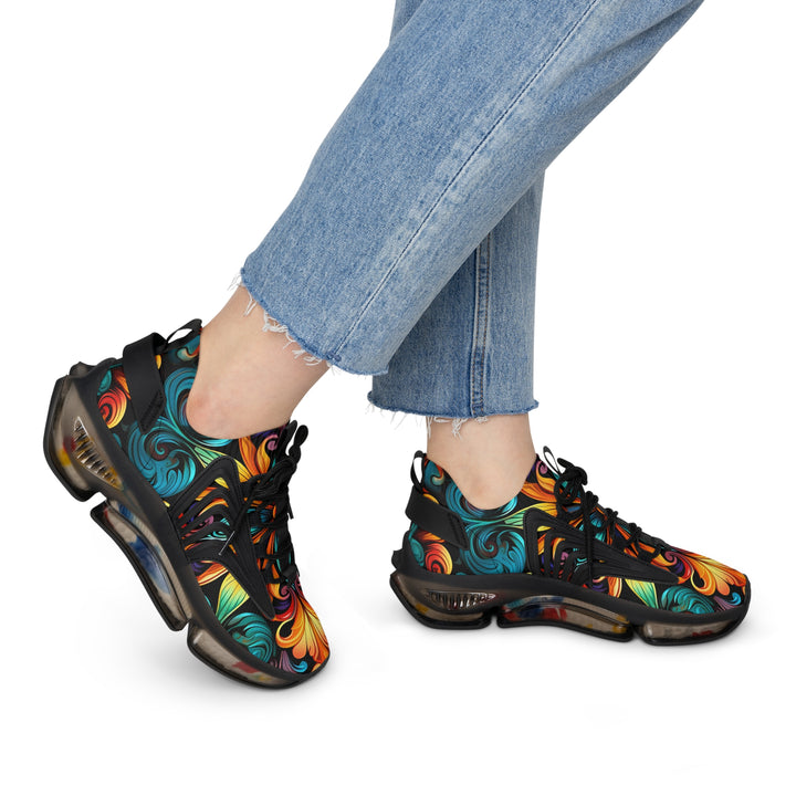 Neon Floral Female Mesh Sneakers with Black sole on model, side view