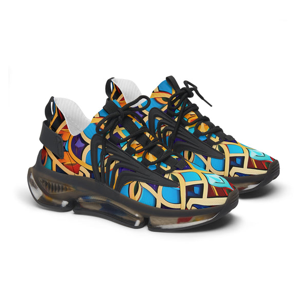 Turquoise-Yellow Abstraction Women's Mesh Sneakers with black sole, side view