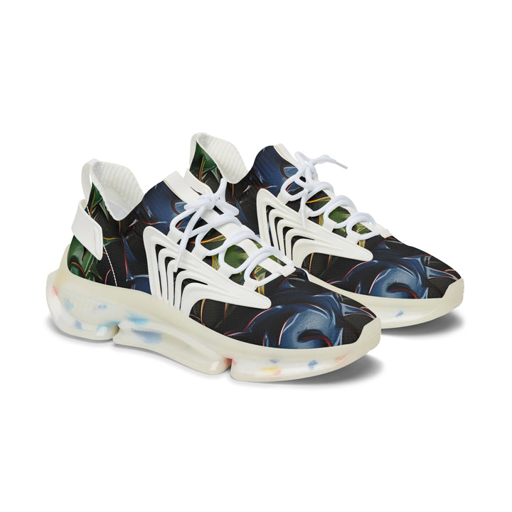 Navy-Green Abstraction Female  Mesh Sneakers with white sole, side view