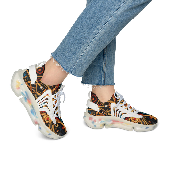 Golden-Red Petal Pattern Mesh Sneakers for Women with white sole on model, side view.