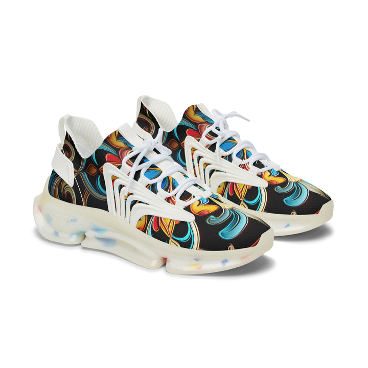 Blue-Black & Yellow Floral Women's Mesh Sneakers with white sole, sde view