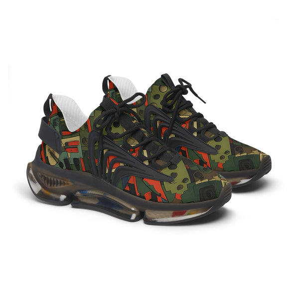 Green Camouflage Abstraction Female Mesh Sneakers with black sole, side view