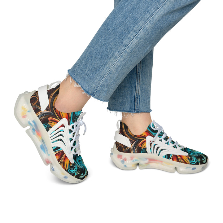 Turquoise-Orange Floral Lady’s Mesh Sneakers with white sole on model, side view