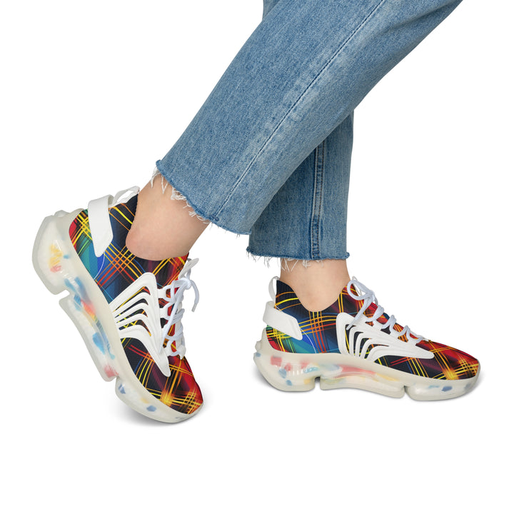 Red-Blue & Yellow Checkred Female Mesh Sneakers with white sole on model, side view