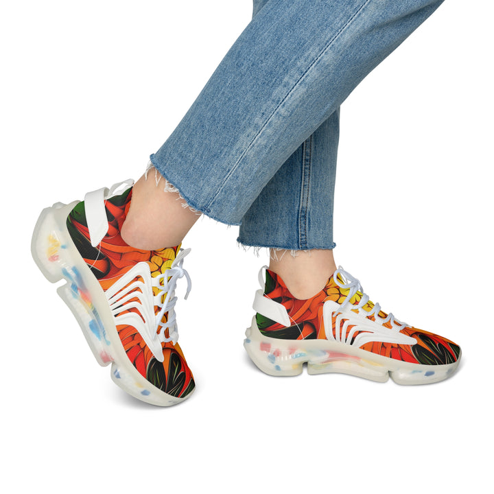 Orange Abstracted Print Mesh Sneakers for Womens with white sole on model, side view