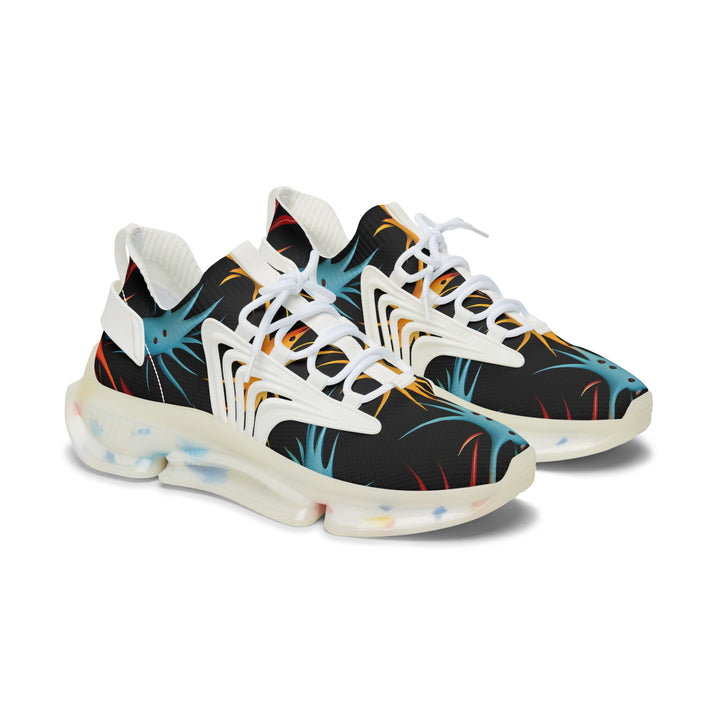 Black-Yellow & Blue Abstraction Female Mesh Sneakers with white sole, side view