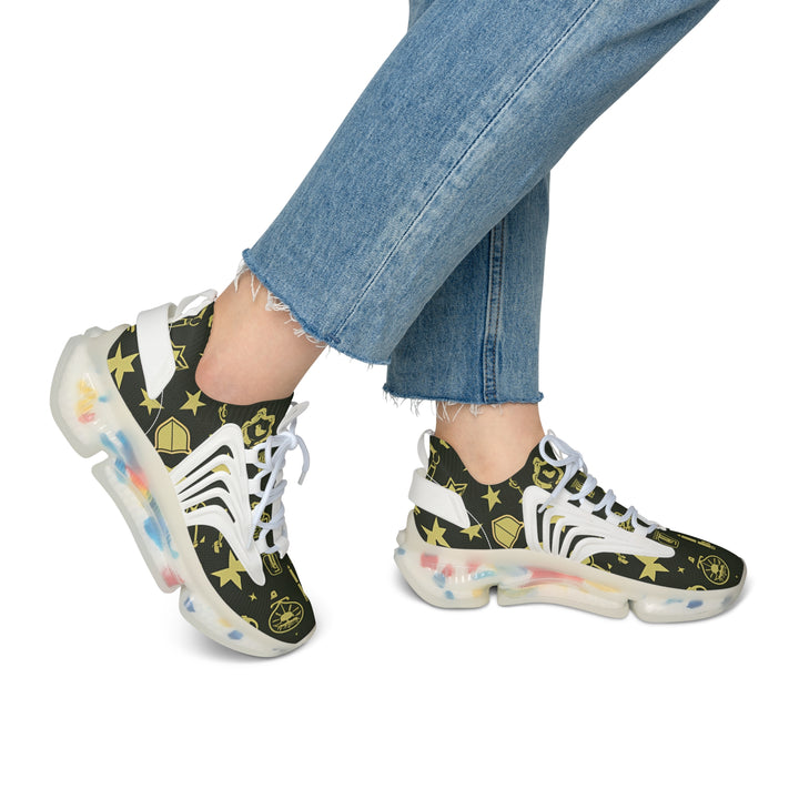 Dark Green Camouflage Mesh Sneakers for Ladies with white sole on model, side view