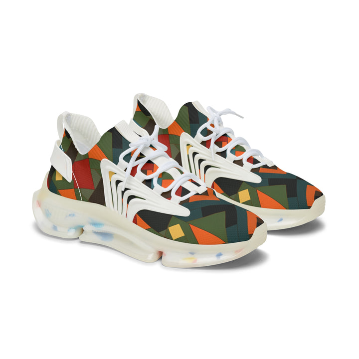 Green-Orange Camouflage Geometry Lady's Mesh Sneakers with white sole, side view