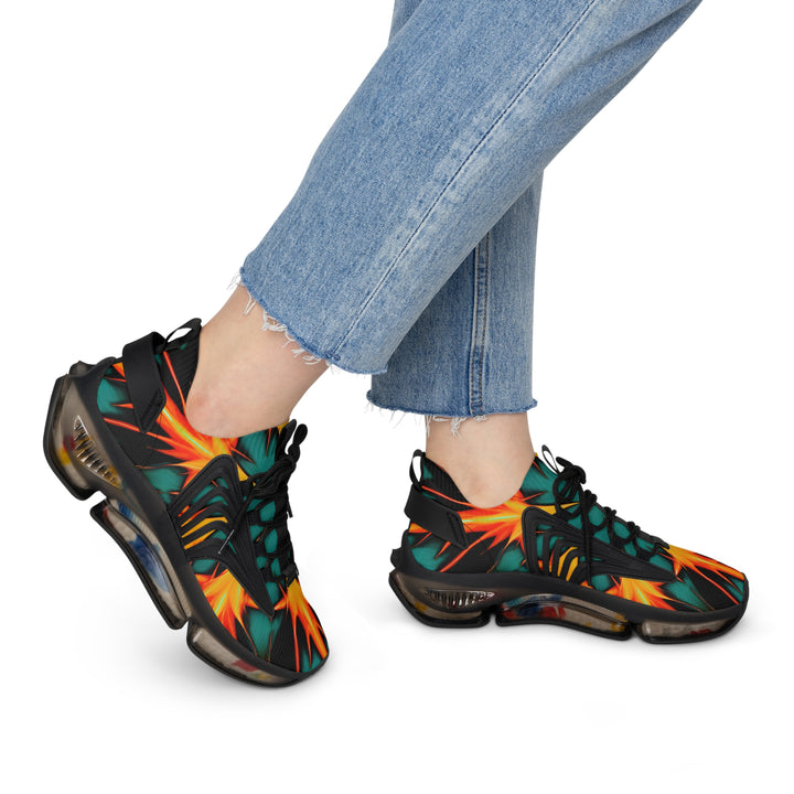 Green-Yellow & Black Abstracted Mesh Sneakers for Womens with black sole on model, side view