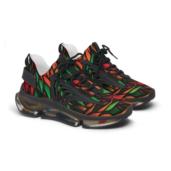 Red-Orange & Green Floral Female Mesh Sneakers with black sole, side view