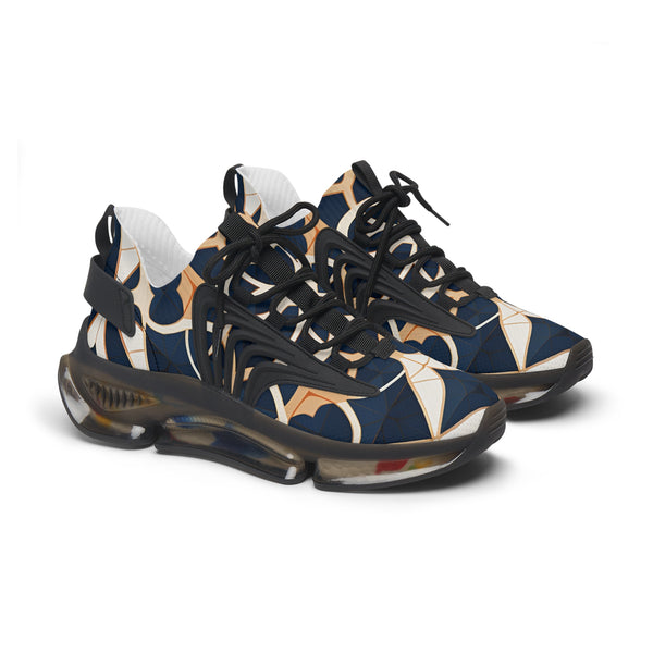 Navy Yellow Abstracted Female Mesh Sneakers with black sole, side view