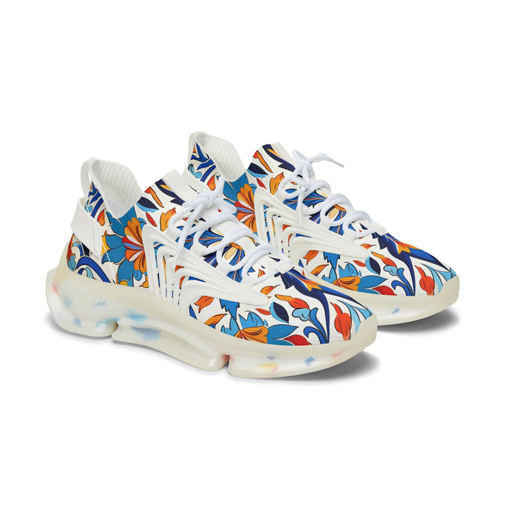 White-Orange-Blue Floral Abstraction Female Mesh Sneakers with white sole, side view