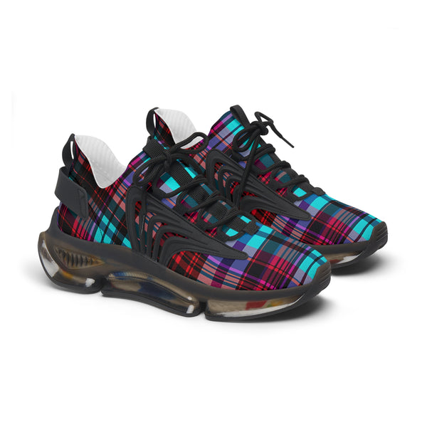 Purple-Blue Checkred Female Mesh Sneakers with black sole, side view