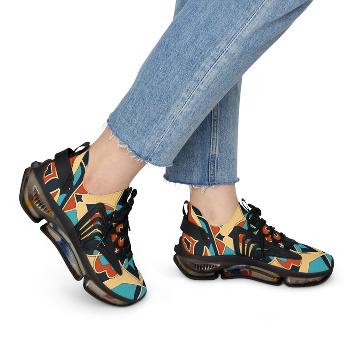 Yellow & Blue Abstracted Women's Mesh Sneakers with black sole on model, side view