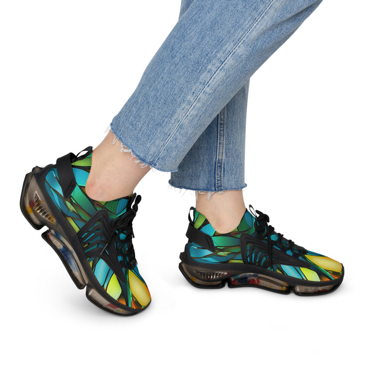 Yellow-Blue & Green Abstracted Lady's Mesh Sneakers with black sole on model, side view