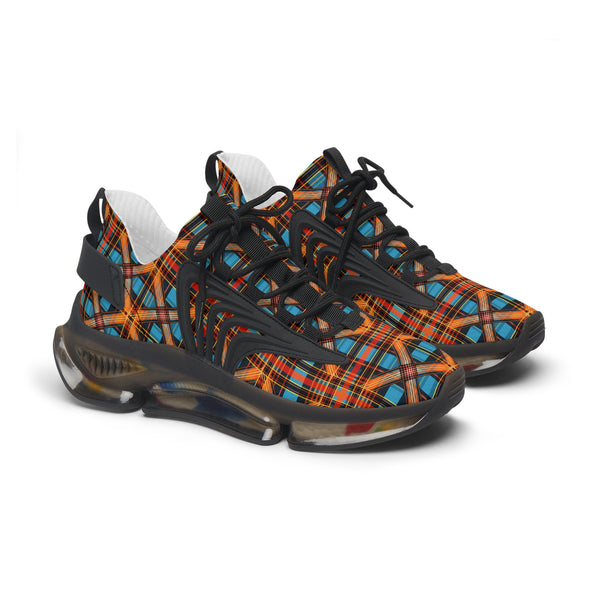 Blue-Orange Checkred Geometry Mesh Sneakers for Womens with black sole, side view