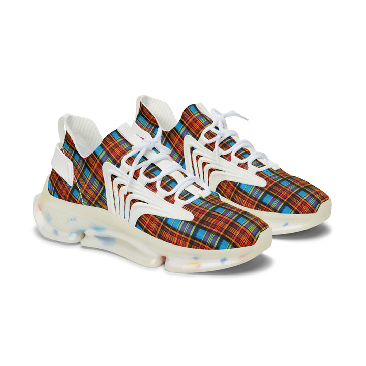 Blue-Red Checkred Women's Mesh Sneakers with white sole, side view