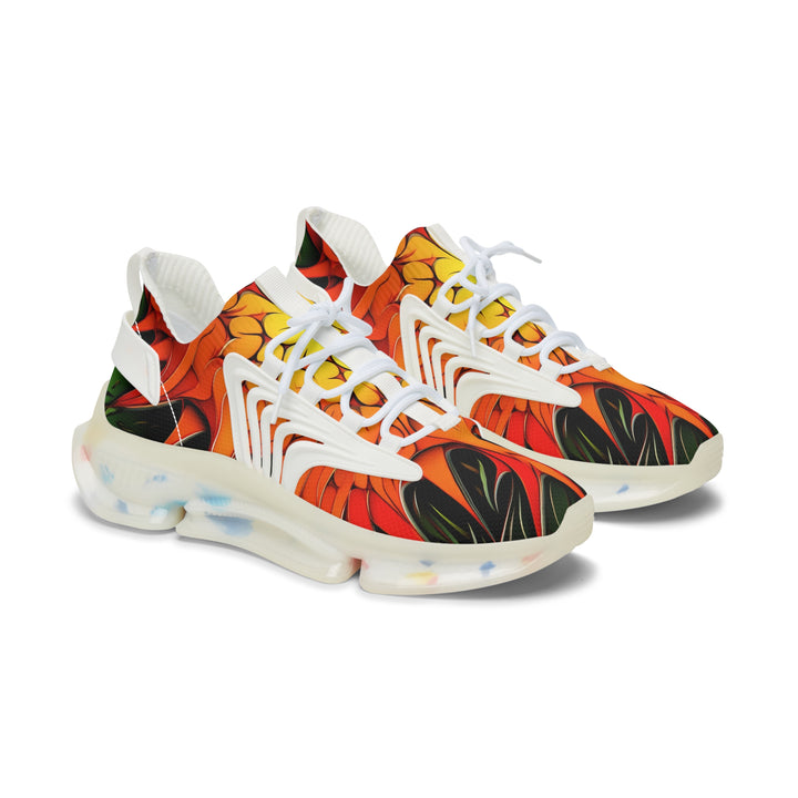 Orange Abstracted Print Mesh Sneakers for Womens with white sole, side view