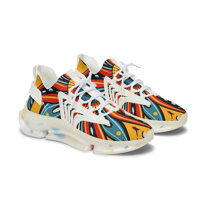 Yellow-Blue & Red Floral Abstraction Female Mesh Sneakers with white sole, side view