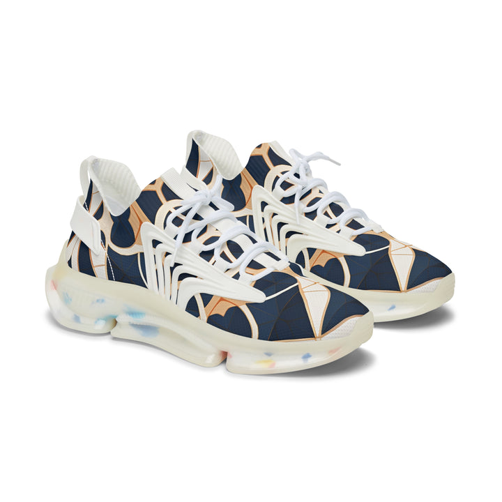 Navy Yellow Abstracted Female Mesh Sneakers with white sole, side view