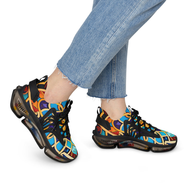 Turquoise-Yellow Abstraction Women's Mesh Sneakers with black sole on model, side view