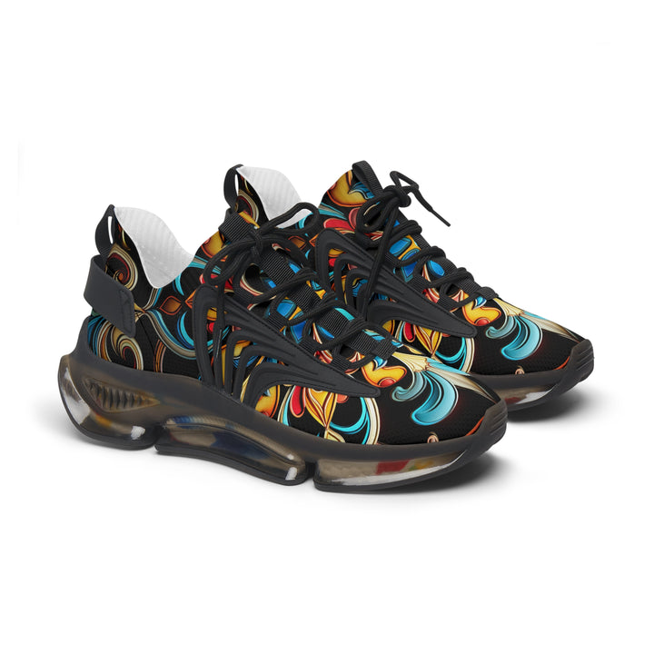 Blue-Black & Yellow Floral Women's Mesh Sneakers with black sole, sde view