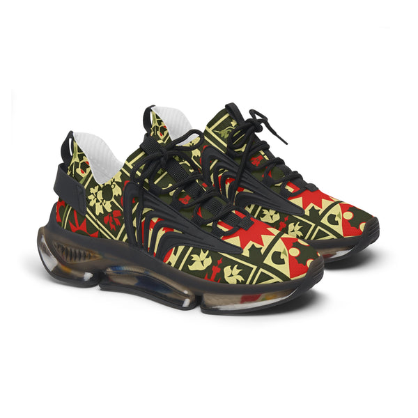 Green-Yellow & Red Abstraction Geometry Female Mesh Sneakers with black sole, side view