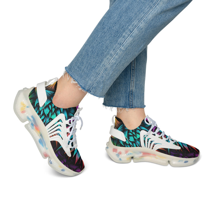 Turquoise-Purple Floral Female Mesh Sneakers with white sole on model, side view