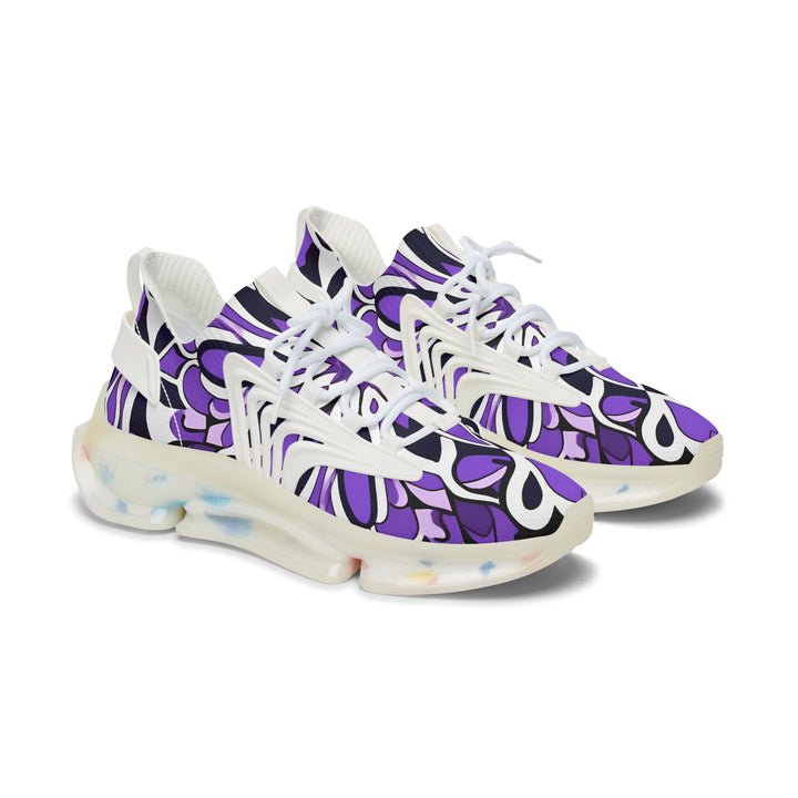 Floral Purple Abstraction Lady's Mesh Sneakers with white sole, side view