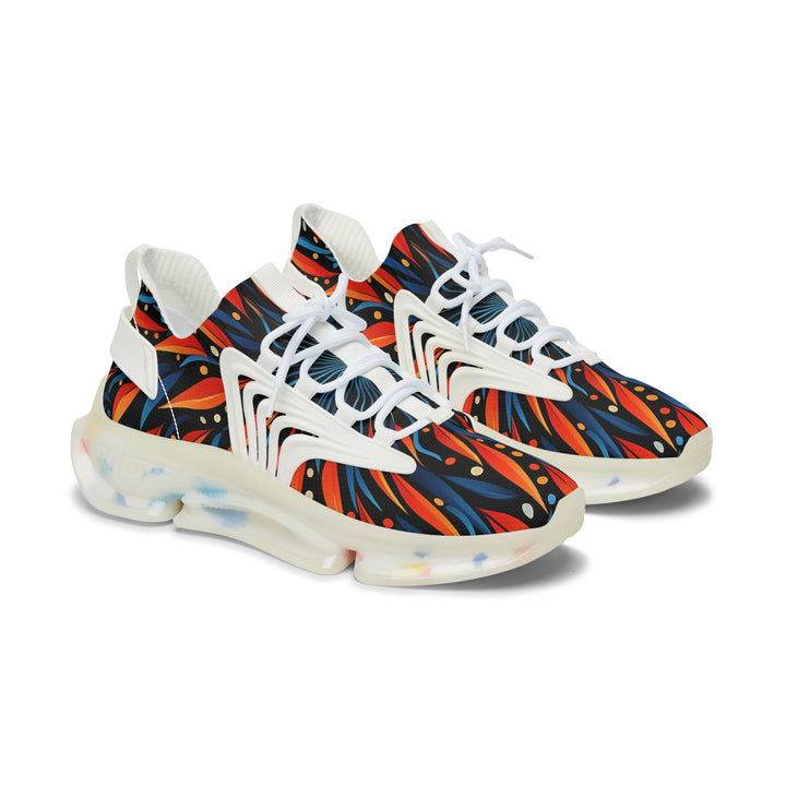 Orange-Blue & Black Floral Women's Mesh Sneakers with white sole, side view