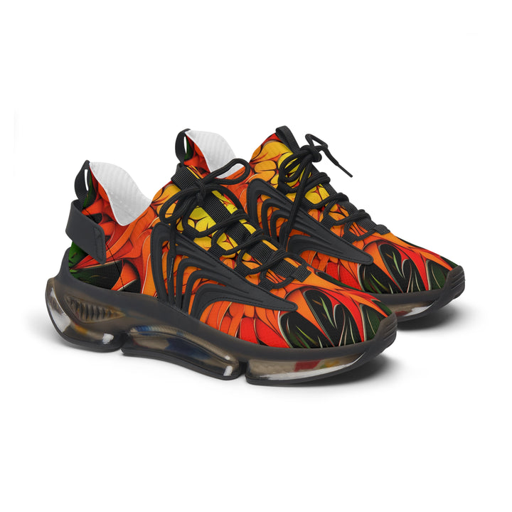 Orange Abstracted Print Mesh Sneakers for Womens with black sole, side view