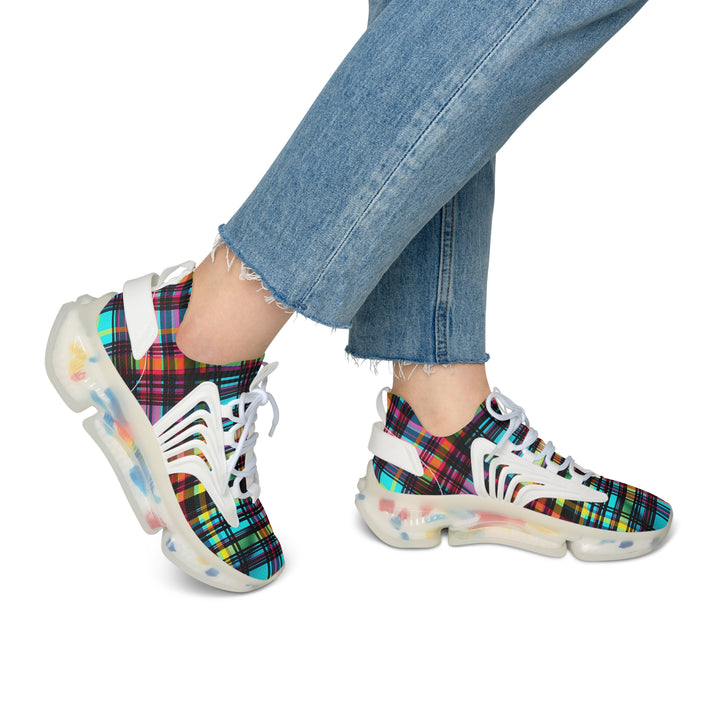 Bright Checkred Mesh Sneakers for Womens with white sole on model, side view