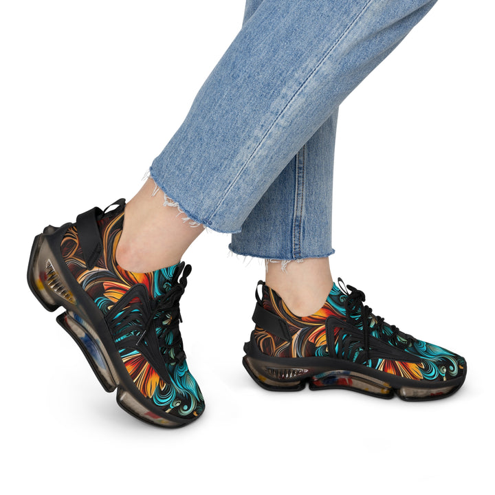 Turquoise-Orange Floral Lady’s Mesh Sneakers with black sole on model, side view