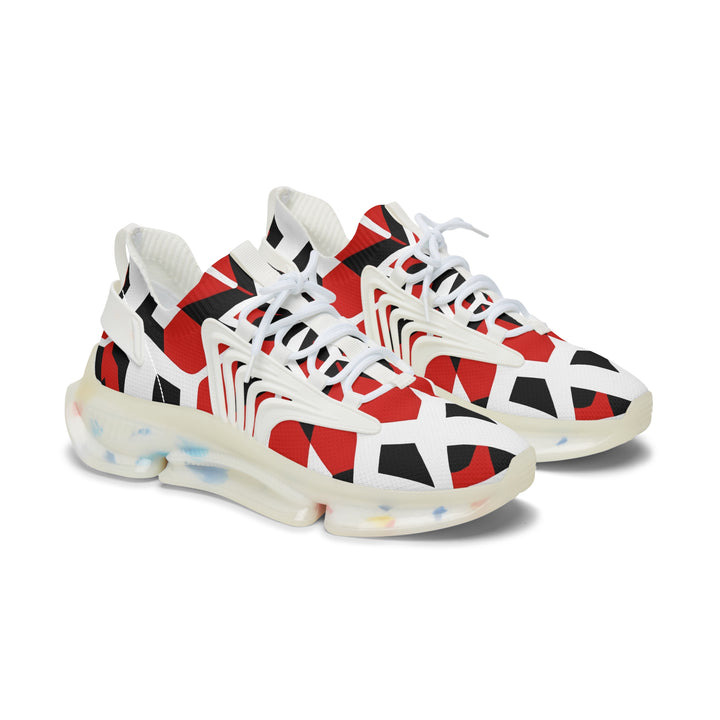 Red-White Abstracted Female Mesh Sneakers with white sole, side view