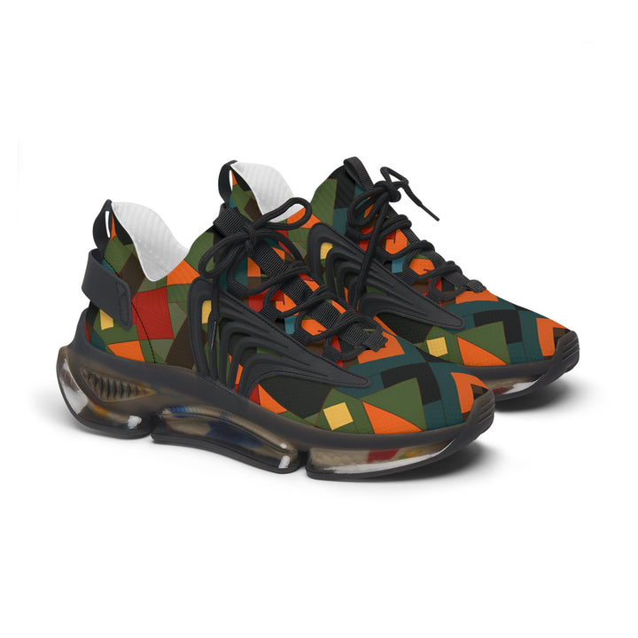 Green-Orange Camouflage Geometry Lady's Mesh Sneakers with black sole, side view